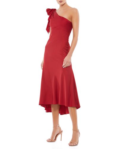 Mac Duggal One-shouder Bow Satin Midi A-line Dress - Red
