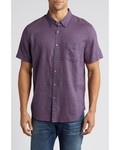 Rails Carson Geometric Print Short Sleeve Linen Blend Button-up Shirt - Purple