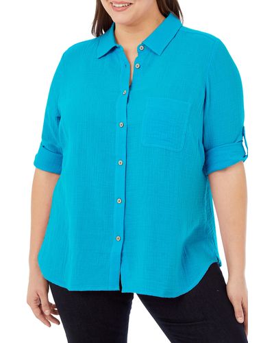 Foxcroft Tamara Cotton Gauze Button-up Shirt - Blue
