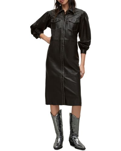 AllSaints Ava Long Sleeve Leather Shirtdress - Black