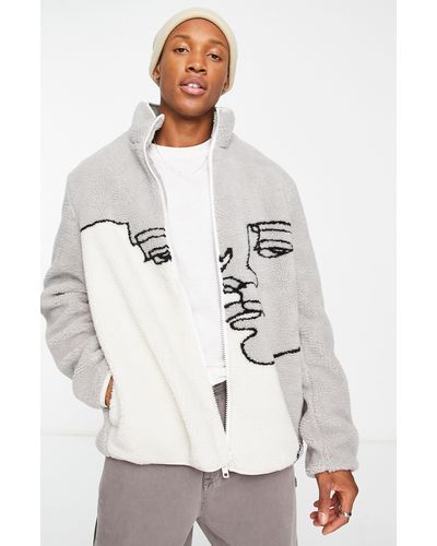 ASOS Oversize Face Print High Pile Fleece Jacket - White