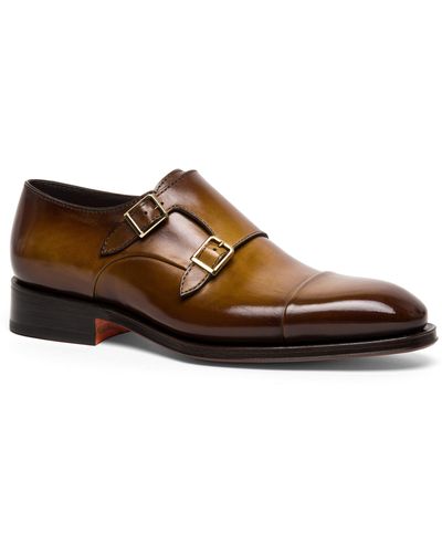 Santoni Dithered Double Monk Strap Shoe - Brown