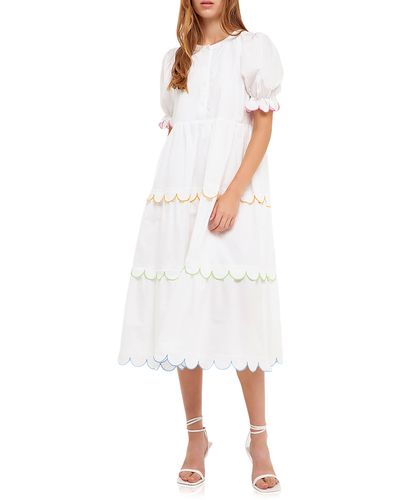 English Factory Contrast Scalloped Trim Cotton Midi Dress - White
