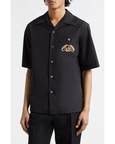 Alexander McQueen Embroidered Seal Cotton Poplin Camp Shirt - Black