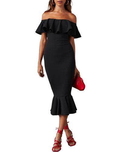 Vici Collection Havana Double Ruffle Off The Shoulder Midi Dress - Black