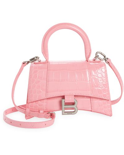 Balenciaga Extra Small Hourglass Croc Embossed Leather Top Handle Bag - Pink