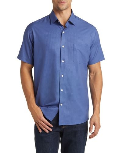 Peter Millar Bloques Print Performance Poplin Short Sleeve Button-up Shirt - Blue