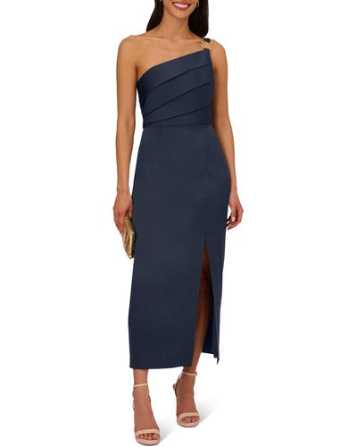 Adrianna Papell Pleat One-shoulder Crepe Cocktail Dress - Blue
