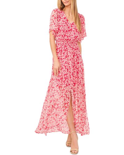 Cece Clip Dot Flutter Sleeve Smocked Waist Dress - Pink