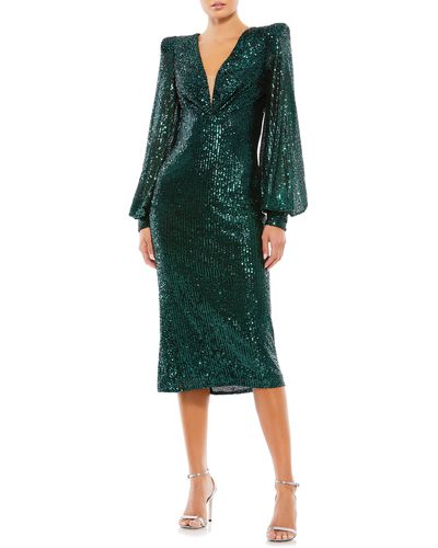 Mac Duggal Sequin Puff Sleeve Midi Dress - Green
