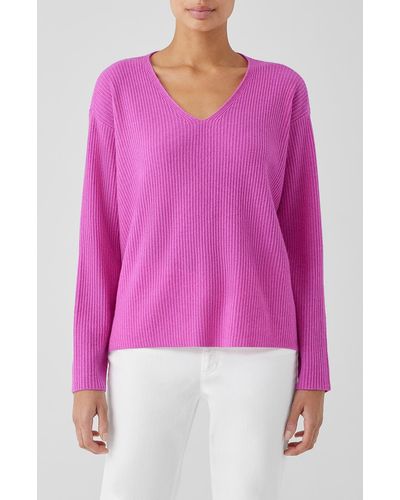 Eileen Fisher V-neck Cashmere Rib Pullover Sweater - Pink
