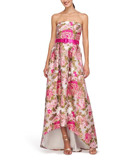 Kay Unger Bella Floral Jacquard Metallic Belted High-low Gown - Red