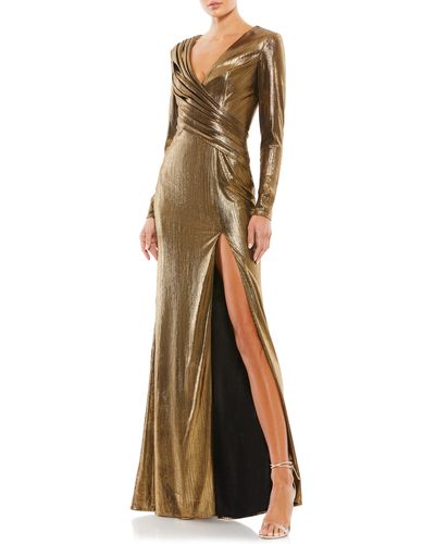 Ieena for Mac Duggal Metallic Long Sleeve Gown - Natural