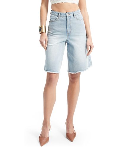 Bardot Forte Frayed High Waist Long Denim Shorts - Blue