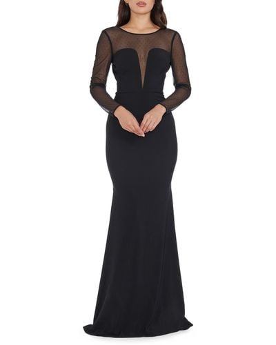 Dress the Population Val Rhinestone Illusion Lace Detail Long Sleeve Mermaid Gown - Black