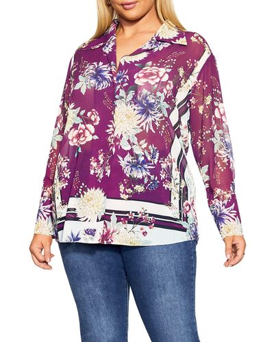 City Chic Sophia Floral Long Sleeve Button-up Blouse - Red