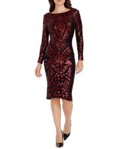 Dress the Population Emery Sequin Long Sleeve Cocktail Dress - Red