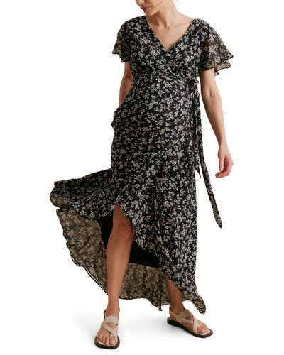 A Pea In The Pod Floral Faux Wrap Maternity Dress - Black
