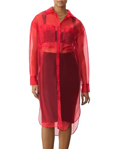GSTQ Sheer Button-up Tunic - Red