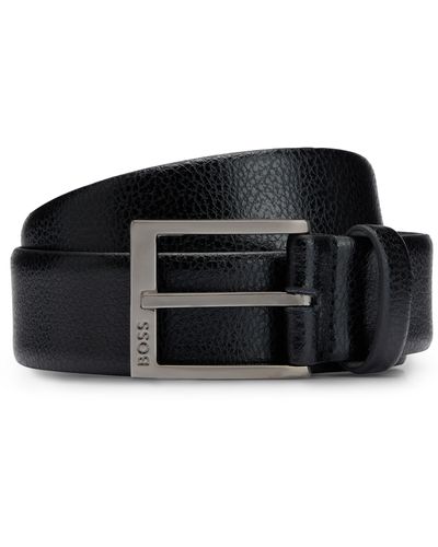 BOSS Logo-buckle Belt In Grained Italian Leather - Black