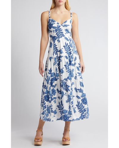 Moon River Floral Tiered Cotton Midi Dress - Blue