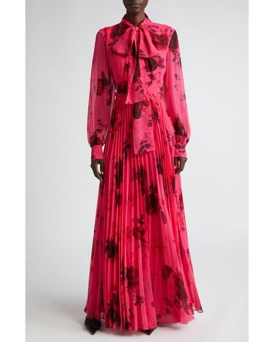 Erdem Floral Print Pleated Long Sleeve Voile Gown - Red