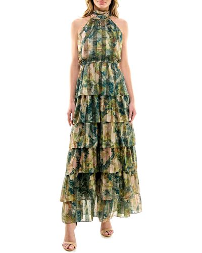 Socialite Floral Print Sleeveless Tiered Maxi Dress - Green