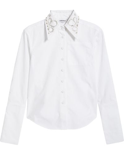 Saint Sintra Swarvoski Crystal Embellished Crop Button-up Shirt - White