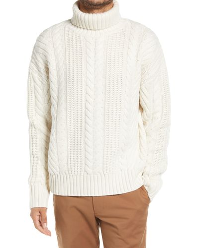 BOSS Nannos Cable Knit Virgin Wool Turtleneck Sweater - White