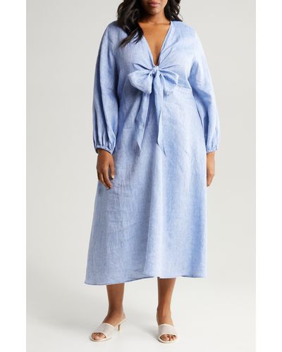 Harshman Novella Long Sleeve Cotton & Linen Midi Dress - Blue