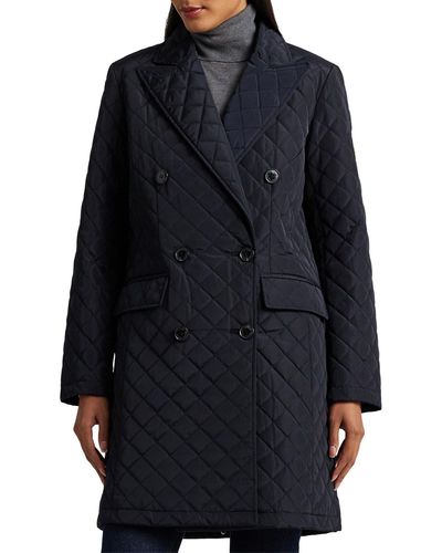 Lauren by Ralph Lauren Crest Embroidered Quilted Double Breasted Coat - Blue