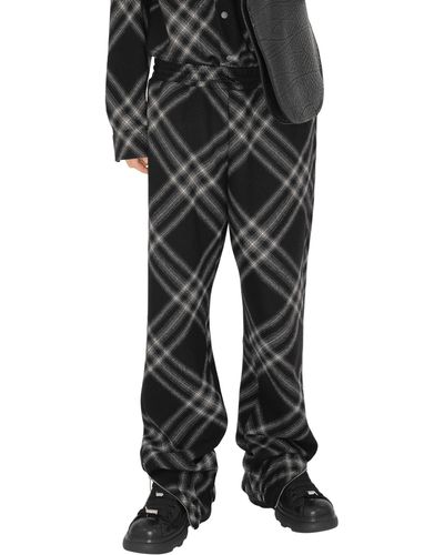Burberry Relaxed Fit Check Zip Hem Wool Pants - Black