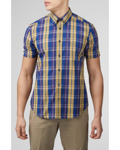 Ben Sherman Plaid Short Sleeve Button-down Shirt - Blue