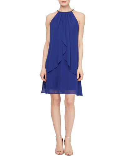 SLNY Embellished Neck Chiffon Ruffle Dress - Blue