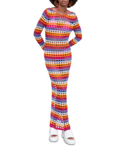 Mango Openwork Long Sleeve Crochet Maxi Dress - Red