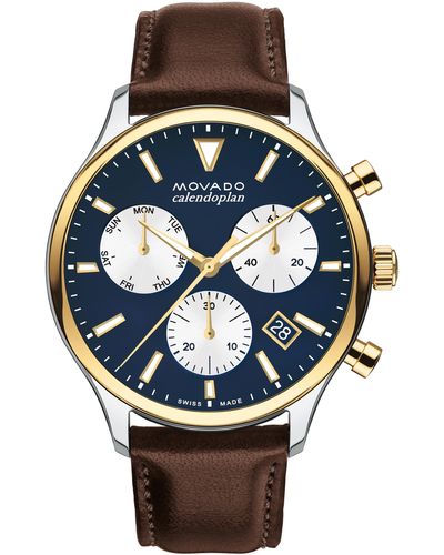 Movado Heritage Calendoplan Chronograph Leather Strap Watch - Black