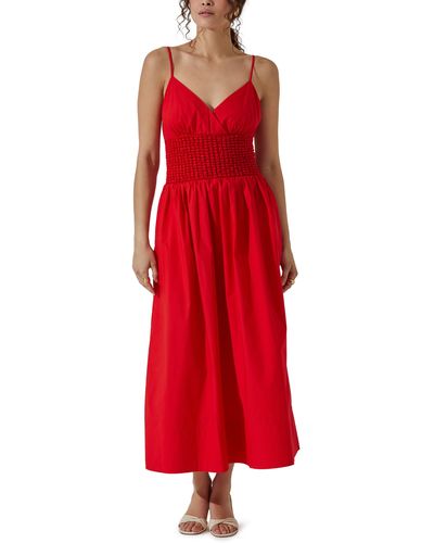 Astr Popcorn Waist Cotton Midi Dress - Red