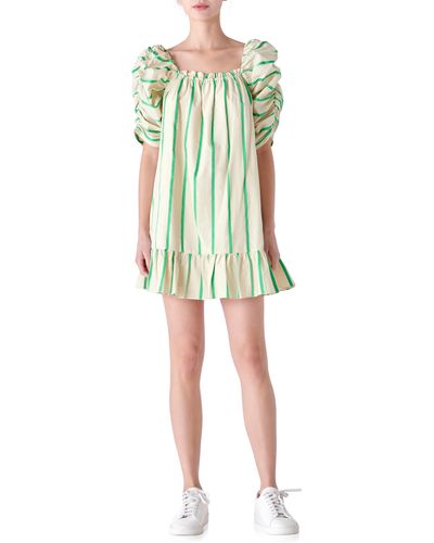 English Factory Stripe Puff Sleeve Trapeze Dress - Green