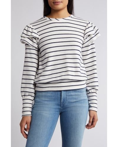 Caslon Caslon(r) Stripe Ruffle Shoulder Sweatshirt Top - Blue