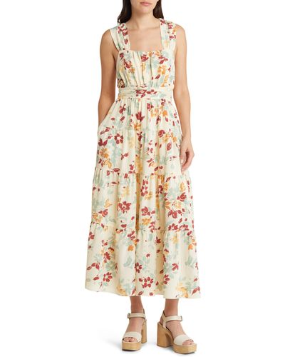 Moon River Floral Smocked Tiered Crossover Back Midi Sundress - Natural