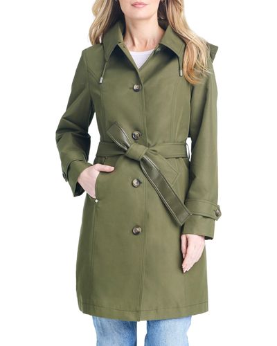 Sanctuary Single Breasted Hooded Water Resistant Trench Coat - Green