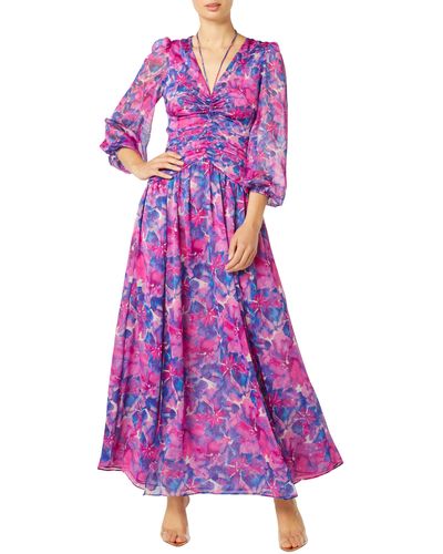 MISA Los Angles Imelda Floral Print Ruched Maxi Dress - Purple