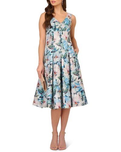Adrianna Papell Floral Jacquard Midi Fit & Flare Cocktail Dress - Blue