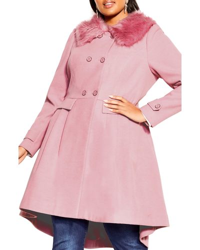 City Chic Grandiose Coat With Faux Fur Collar - Pink