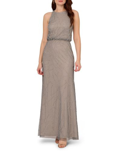 Adrianna Papell Beaded Sleeveless Blouson Gown - Brown