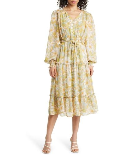 Rachel Parcell Floral Long Sleeve Chiffon Midi Dress - Yellow