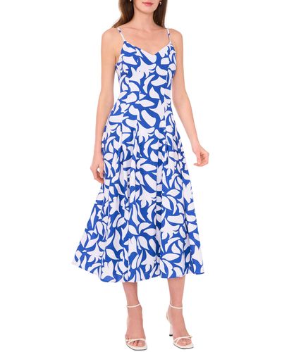 Halogen® Halogen(r) Floral Godet Pleat Linen Blend Midi Dress - Blue