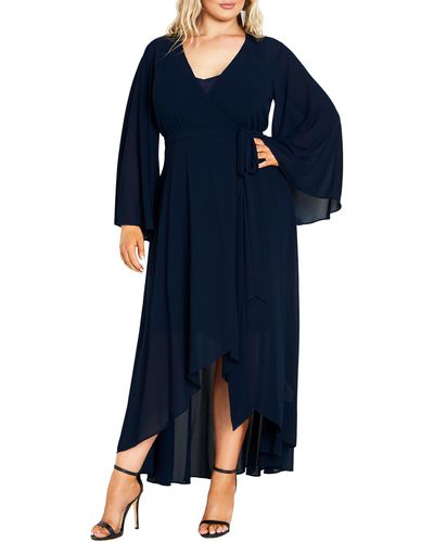 City Chic Fleetwood Long Sleeve Chiffon Wrap Dress - Blue