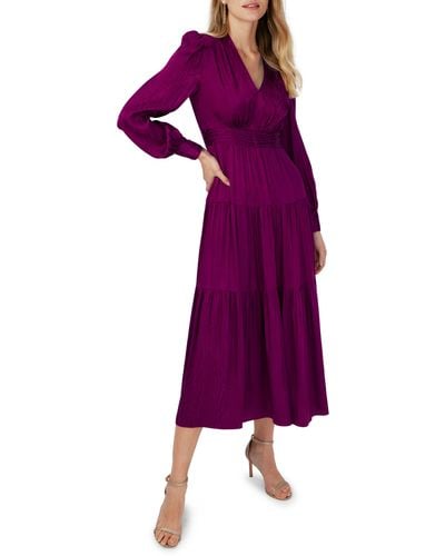 Diane von Furstenberg Gil Long Sleeve Tiered Jacquard Midi Dress - Purple