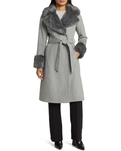 Via Spiga Wool Blend Belted Coat With Faux Fur Trim - Gray